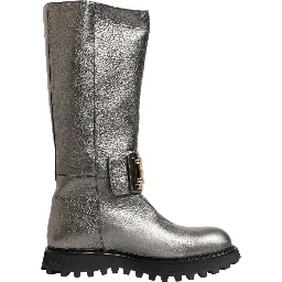 Metallic Silver Leather Mid Calf Boots Shoes