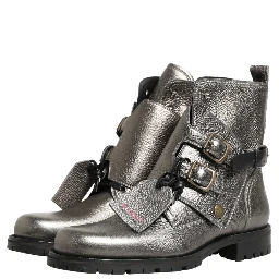 Metallic Silver Leather Buckle Ankle Boots Shoes