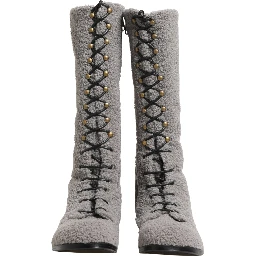 Gray Shearling Lace Up Knee High Boots Shoes