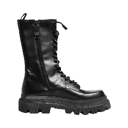 Black Leather Trek Sole Combat Boots Shoes