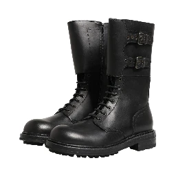 Black Leather Belted Buckle Combat Boots Shoes