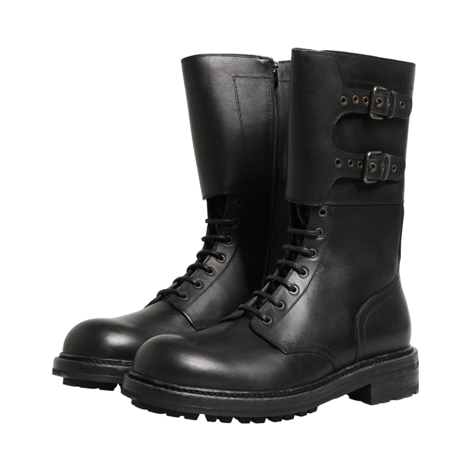 Black Leather Belted Buckle Combat Boots Shoes