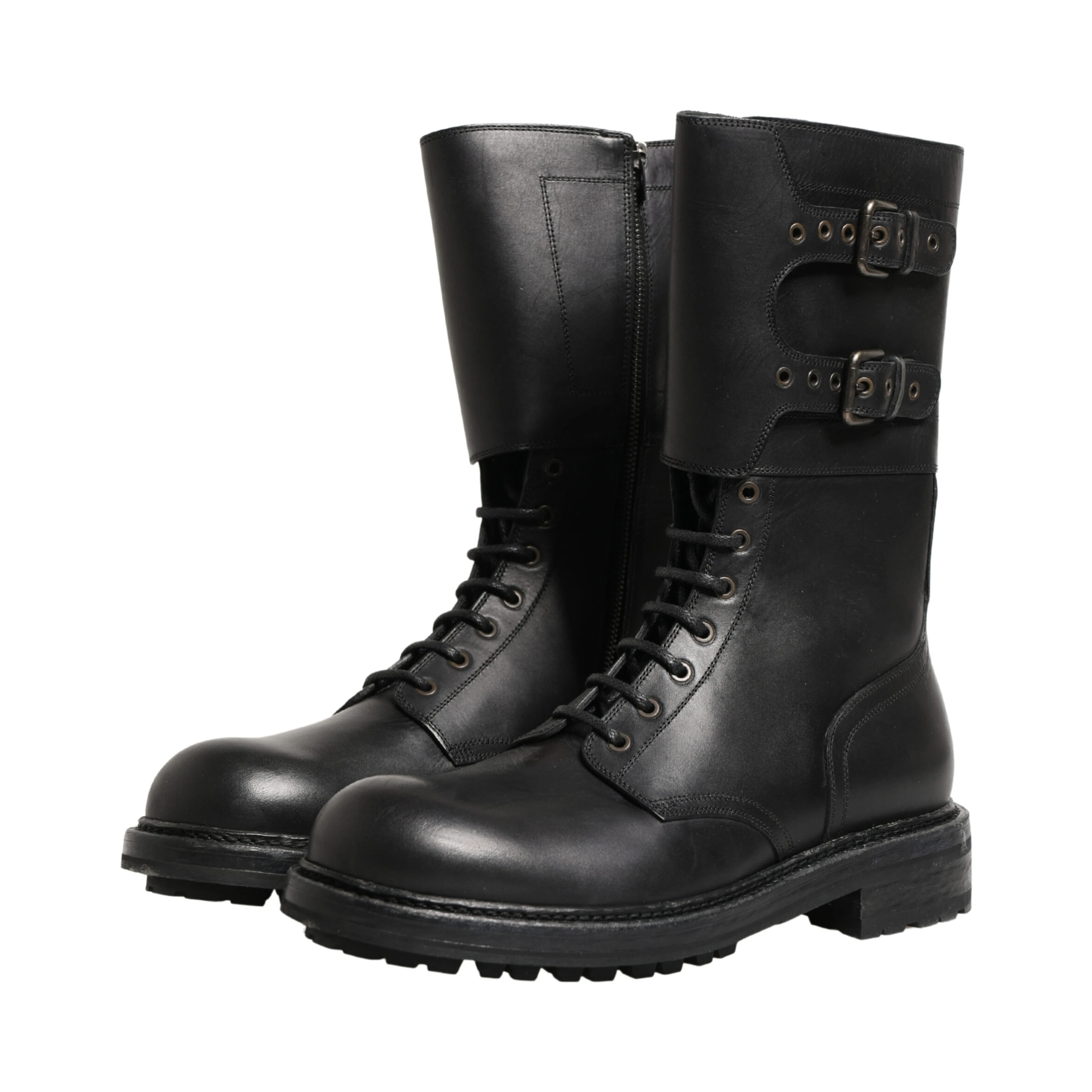 Black Leather Belted Buckle Combat Boots Shoes