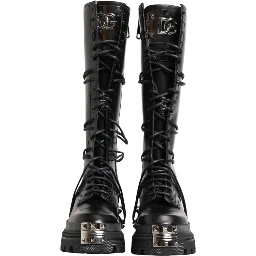 Black Leather Knee High Combat Boots Shoes