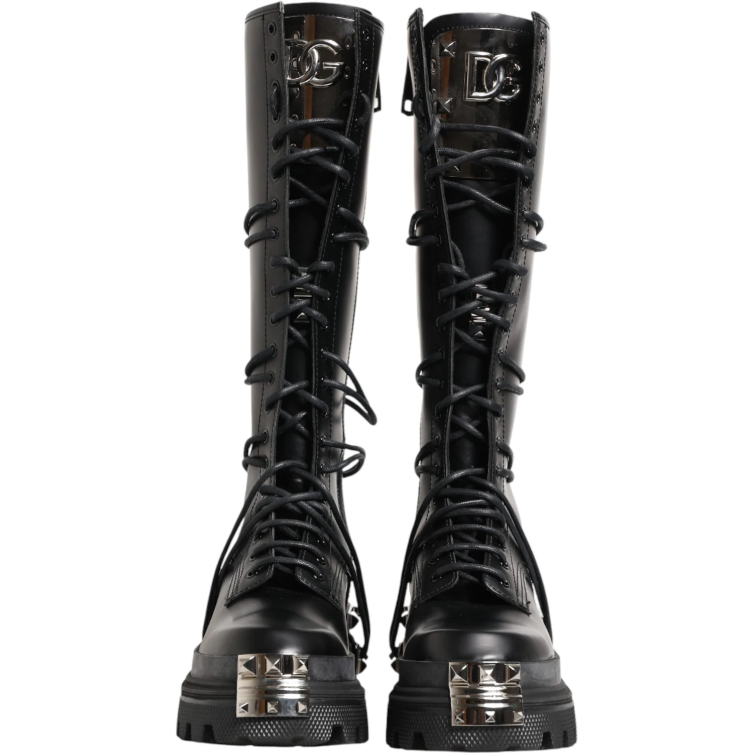 Black Leather Knee High Combat Boots Shoes