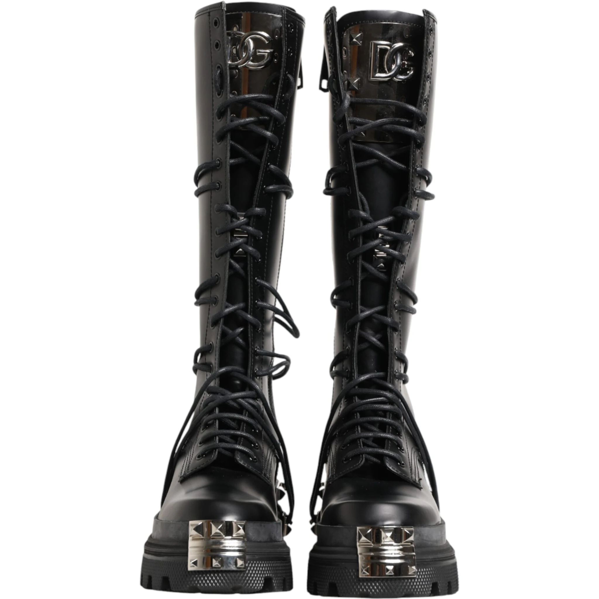 Black Leather Knee High Combat Boots Shoes
