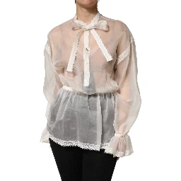 White Sheer Silk Blouse Lace Bow Tie Blouse Top
