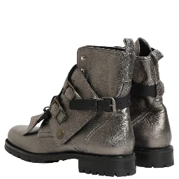 Metallic Silver Leather Buckle Ankle Boots Shoes