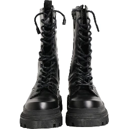 Black Leather Trek Sole Combat Boots Shoes