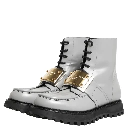 Gray Leather Logo Plaque Ankle Boots Shoes