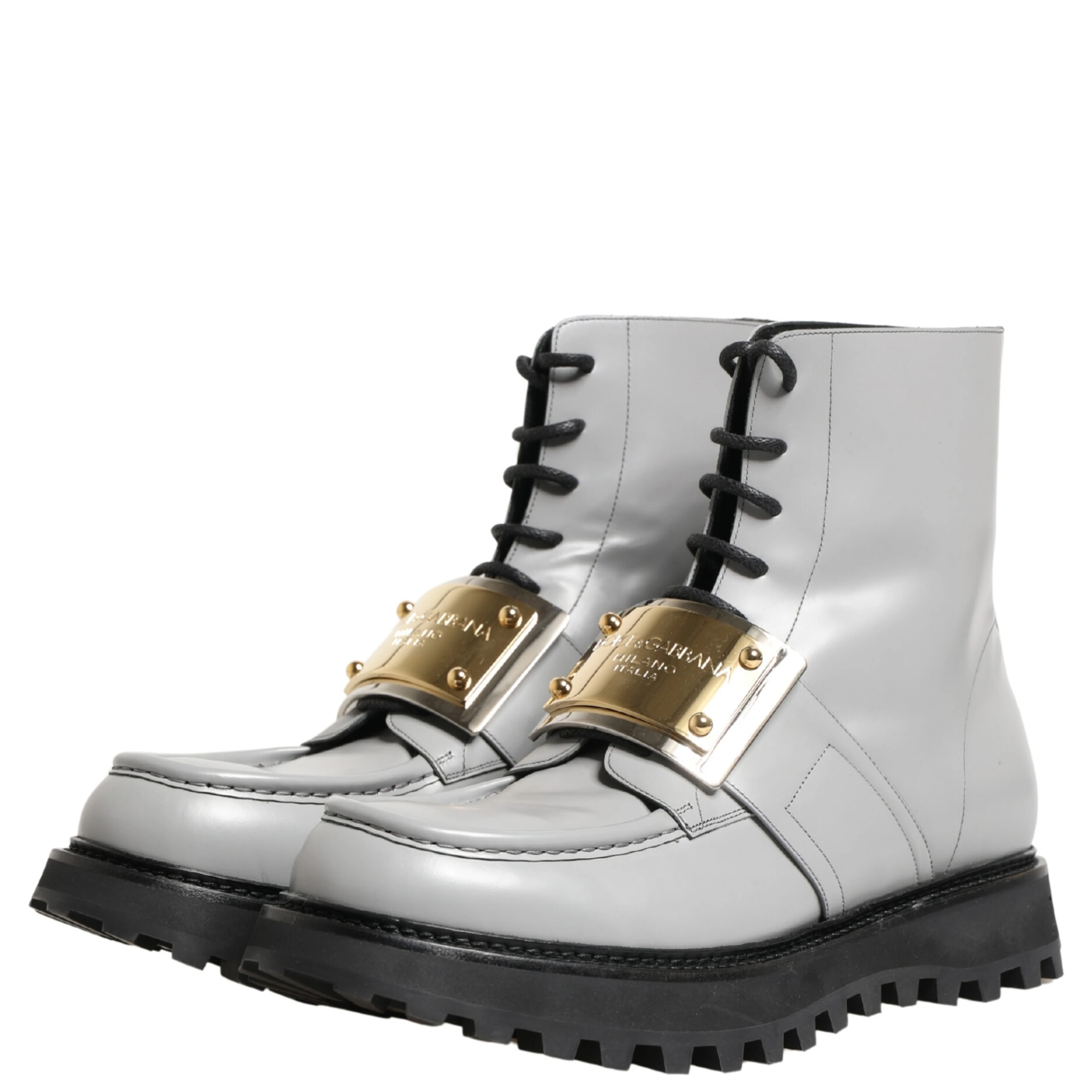 Gray Leather Logo Plaque Ankle Boots Shoes