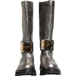 Metallic Silver Leather Mid Calf Boots Shoes