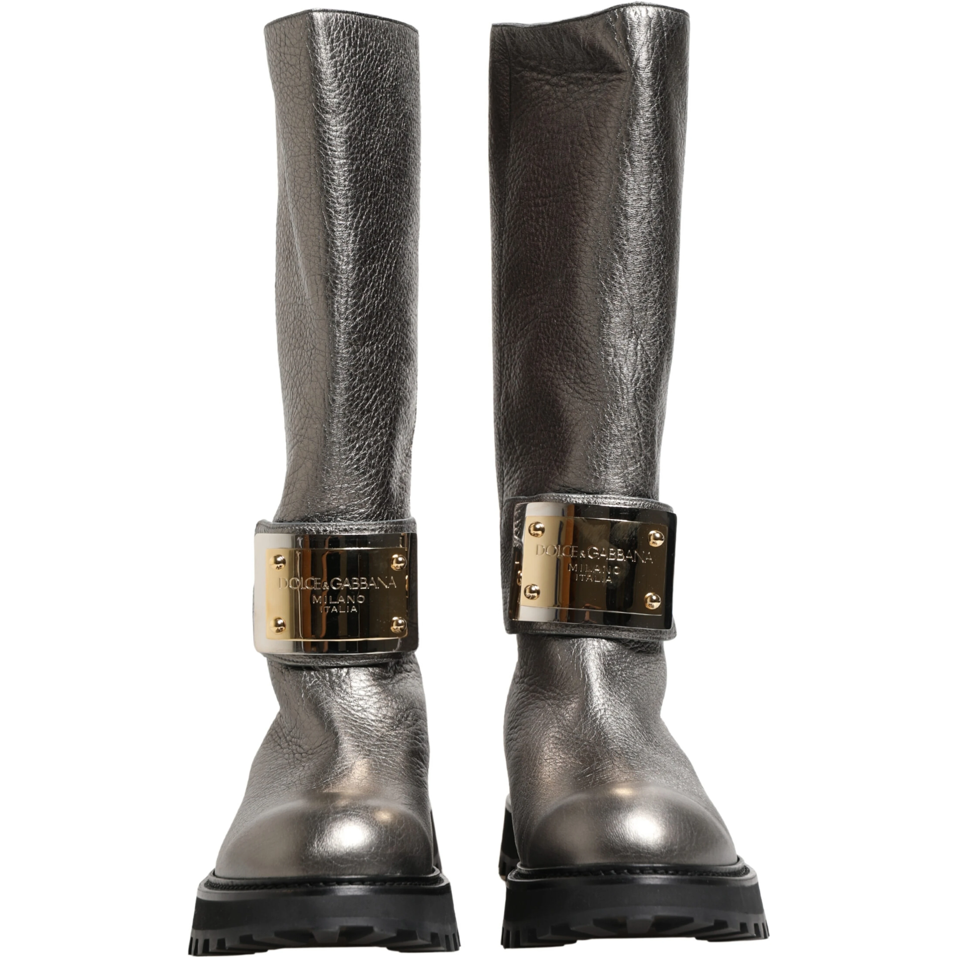 Metallic Silver Leather Mid Calf Boots Shoes
