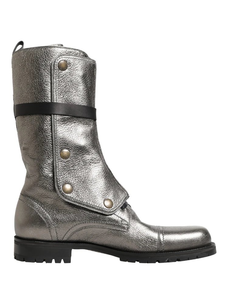 Metallic Leather Buckle Combat Boots Shoes