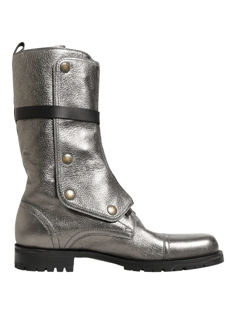 Metallic Leather Buckle Combat Boots Shoes