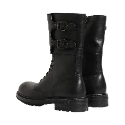 Black Leather Belted Buckle Combat Boots Shoes