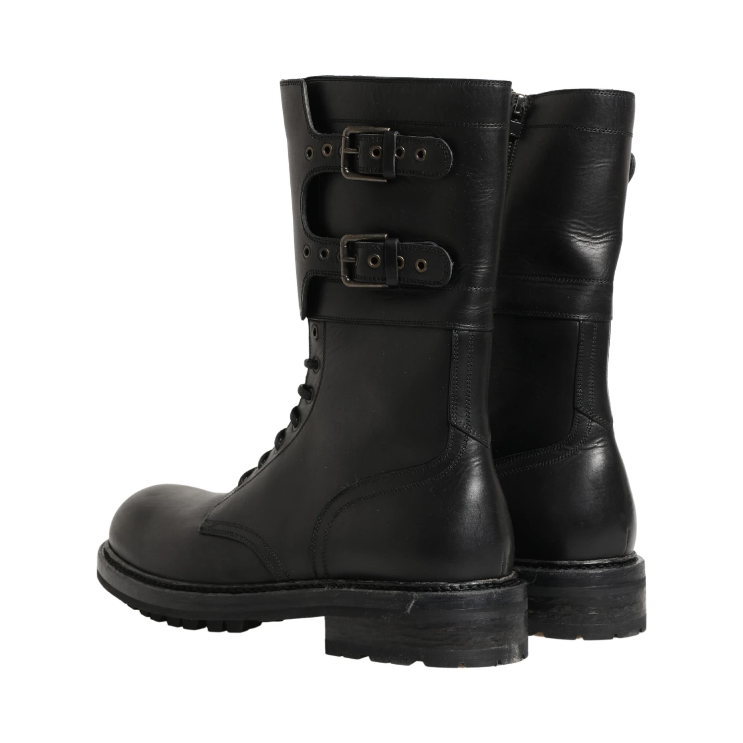 Black Leather Belted Buckle Combat Boots Shoes