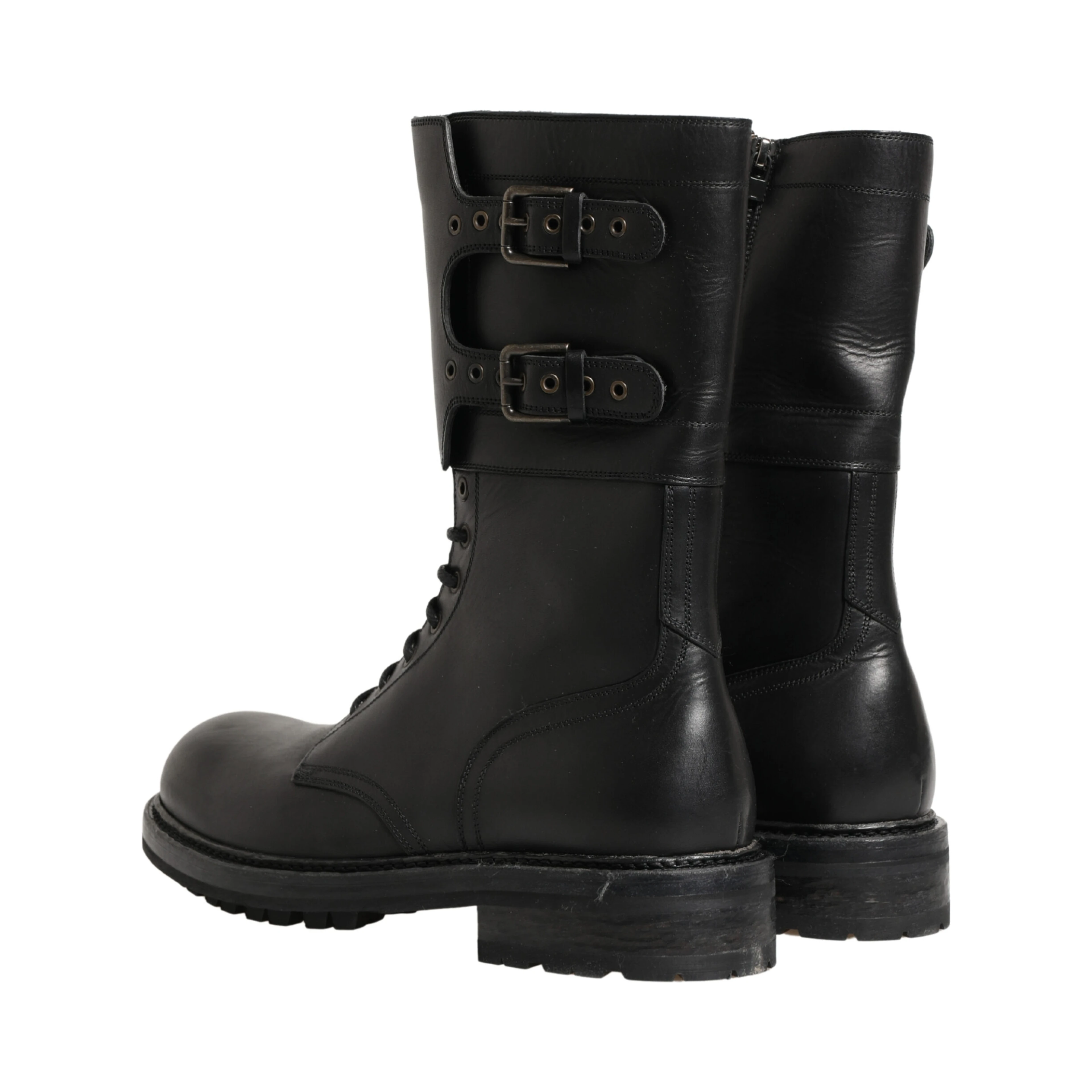 Black Leather Belted Buckle Combat Boots Shoes