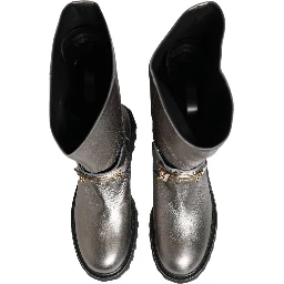 Metallic Silver Leather Mid Calf Boots Shoes