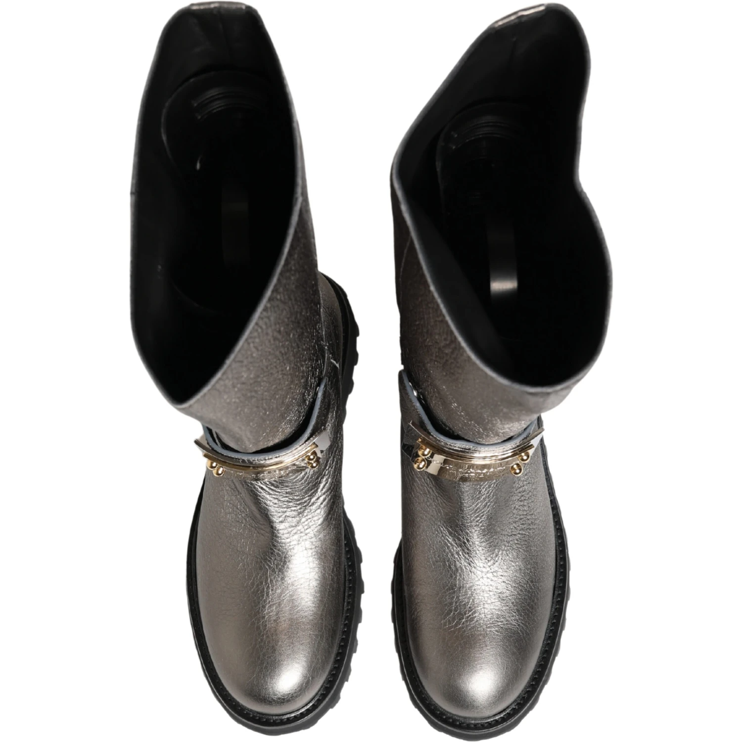 Metallic Silver Leather Mid Calf Boots Shoes