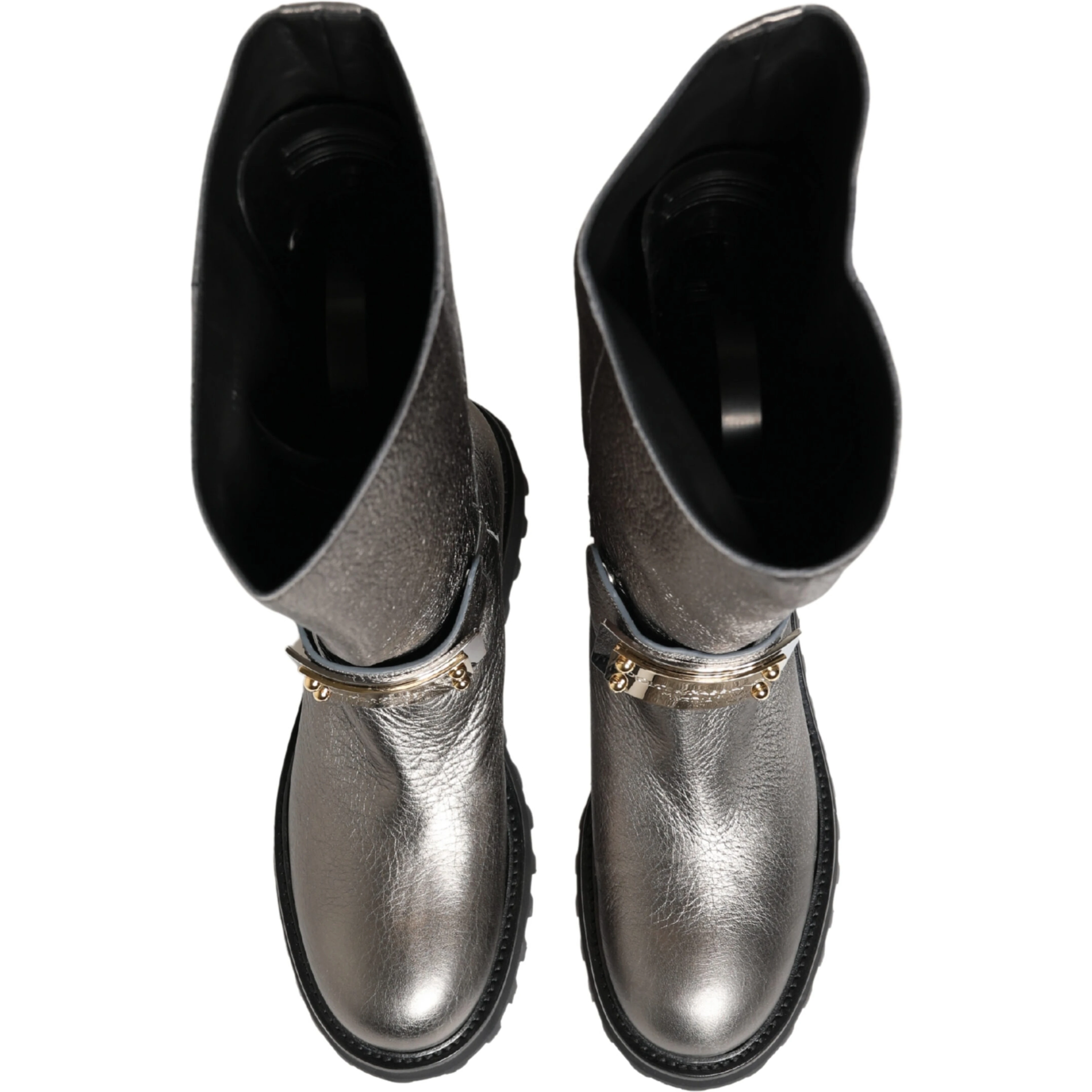 Metallic Silver Leather Mid Calf Boots Shoes