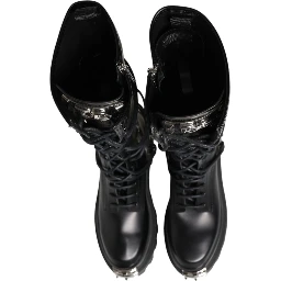 Black Leather Knee High Combat Boots Shoes