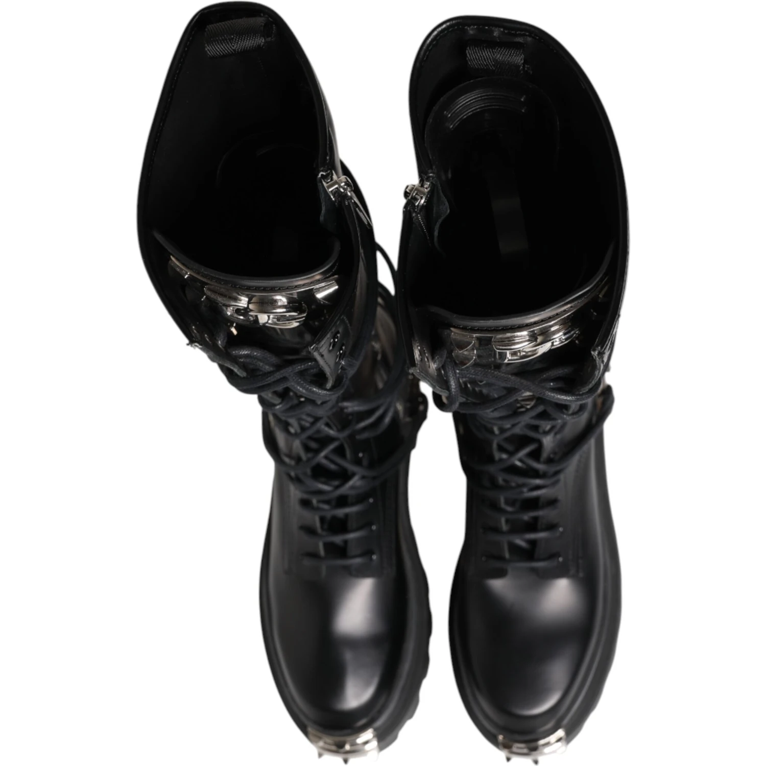 Black Leather Knee High Combat Boots Shoes