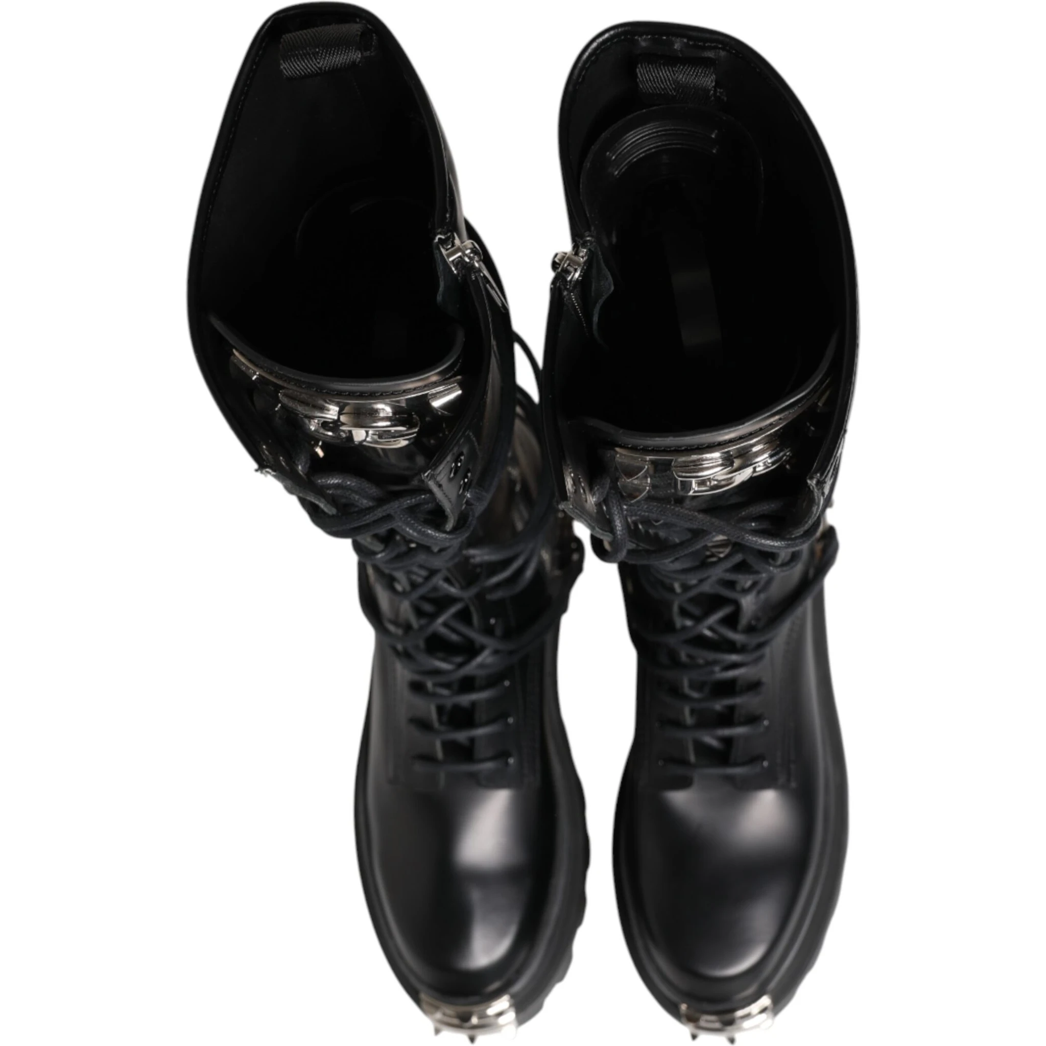 Black Leather Knee High Combat Boots Shoes