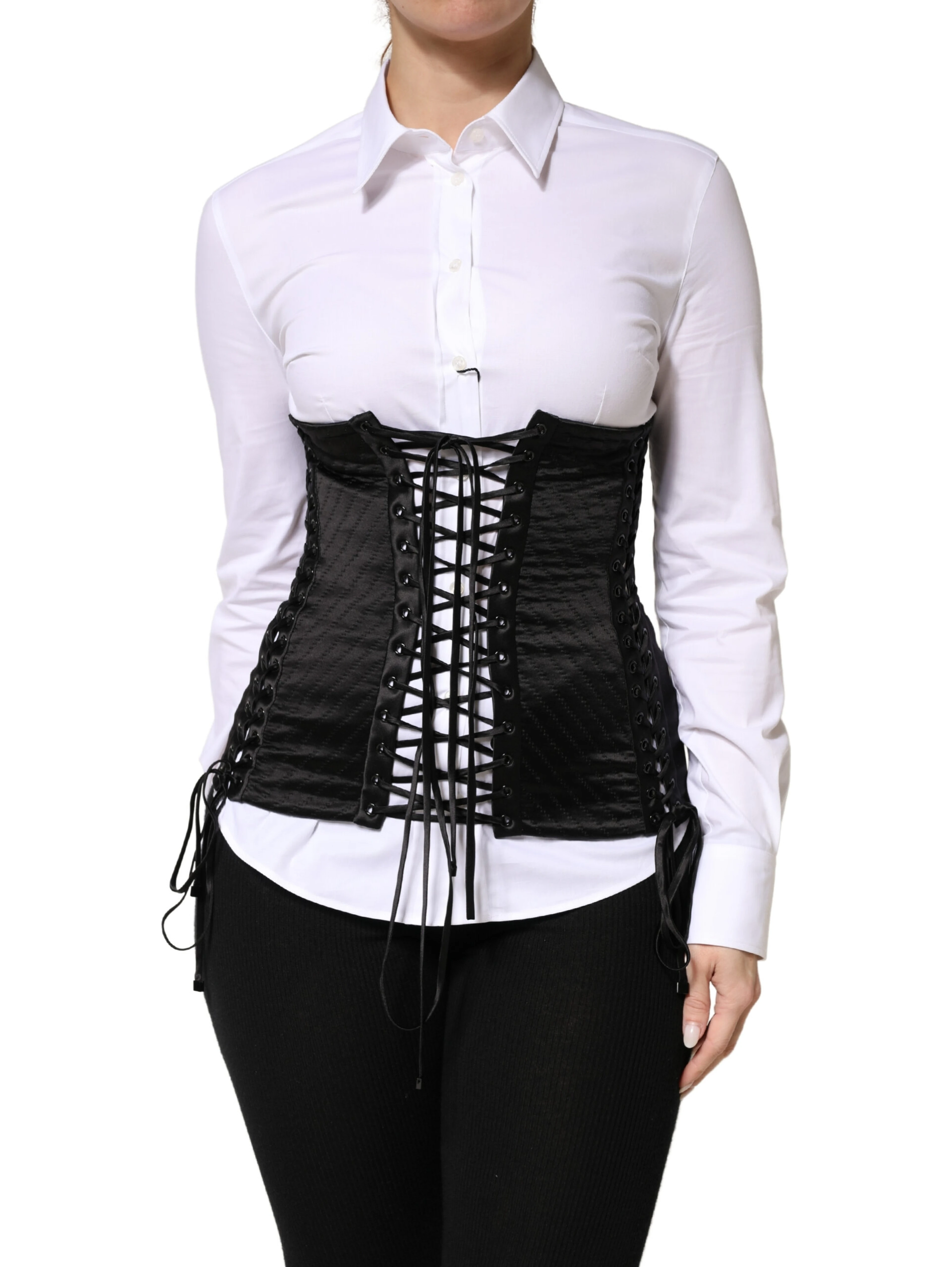 Black Silk Lace-Up Waist Cincher Corset Top