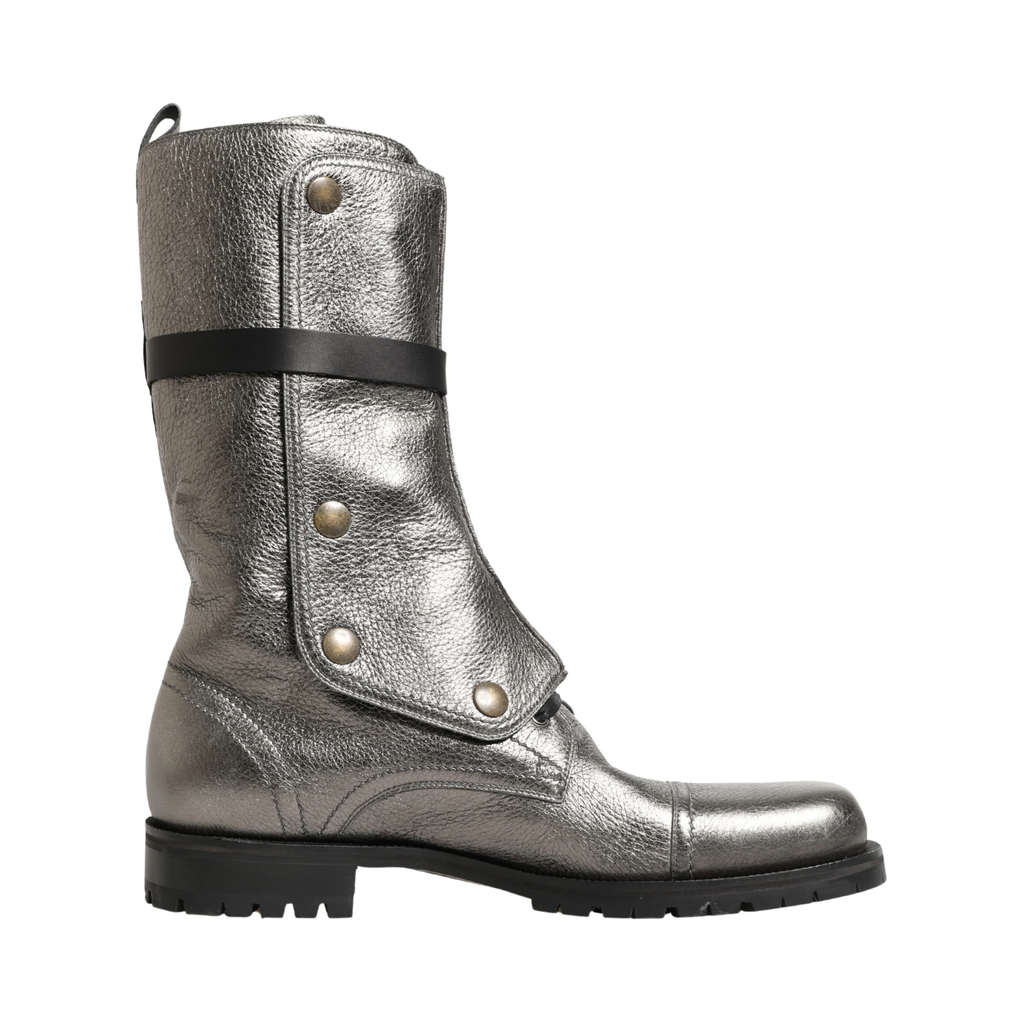 Metallic Leather Buckle Combat Boots Shoes