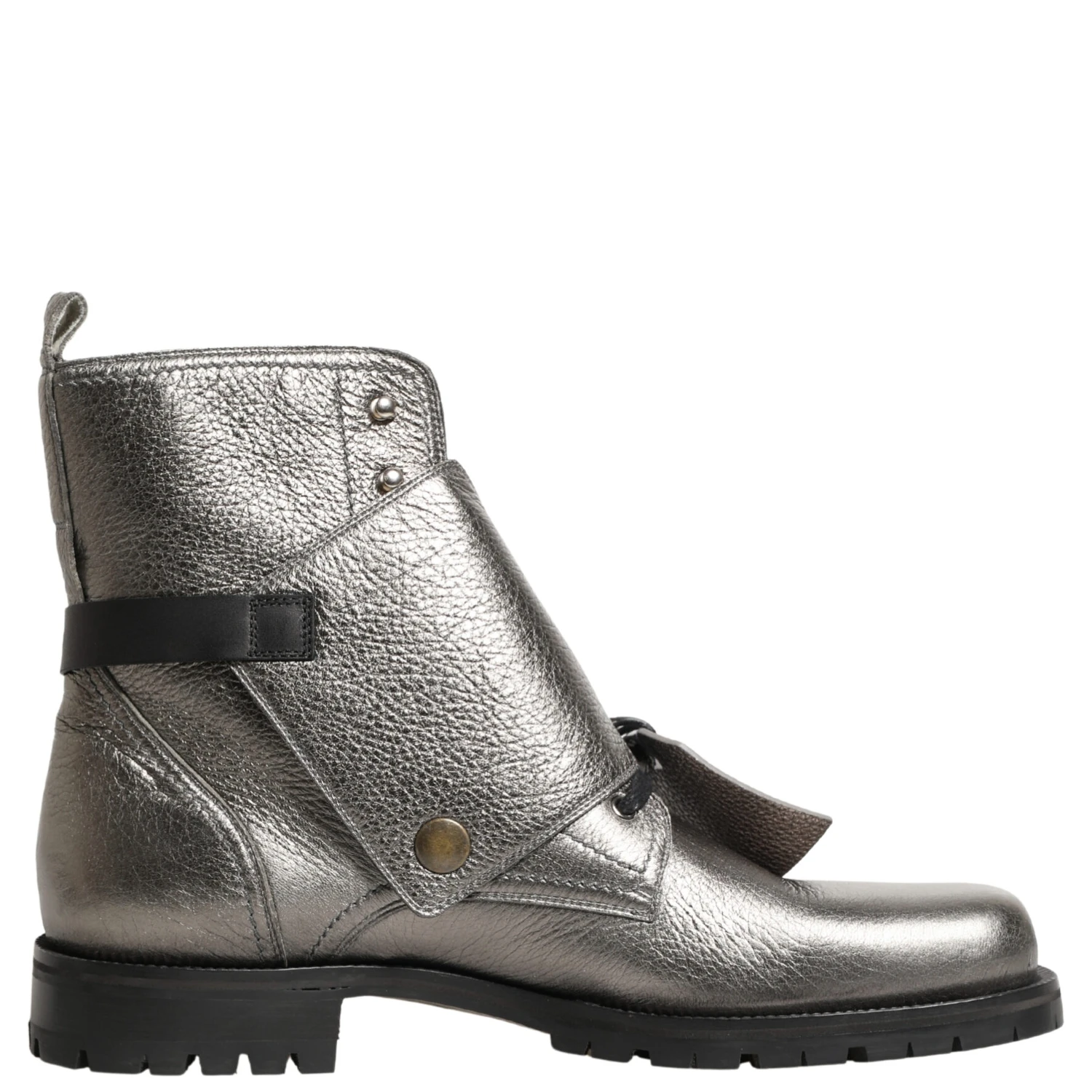 Metallic Silver Leather Buckle Ankle Boots Shoes
