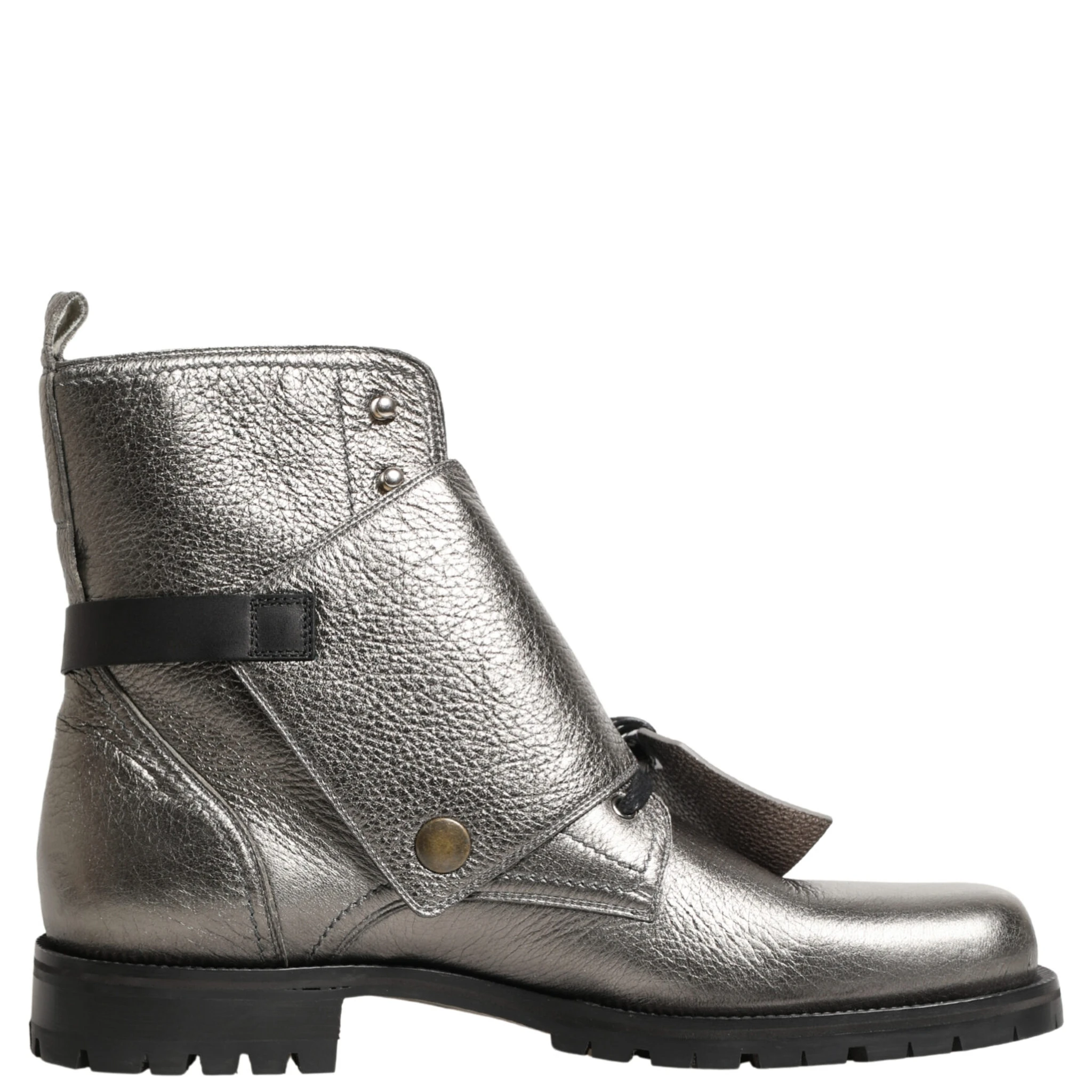 Metallic Silver Leather Buckle Ankle Boots Shoes