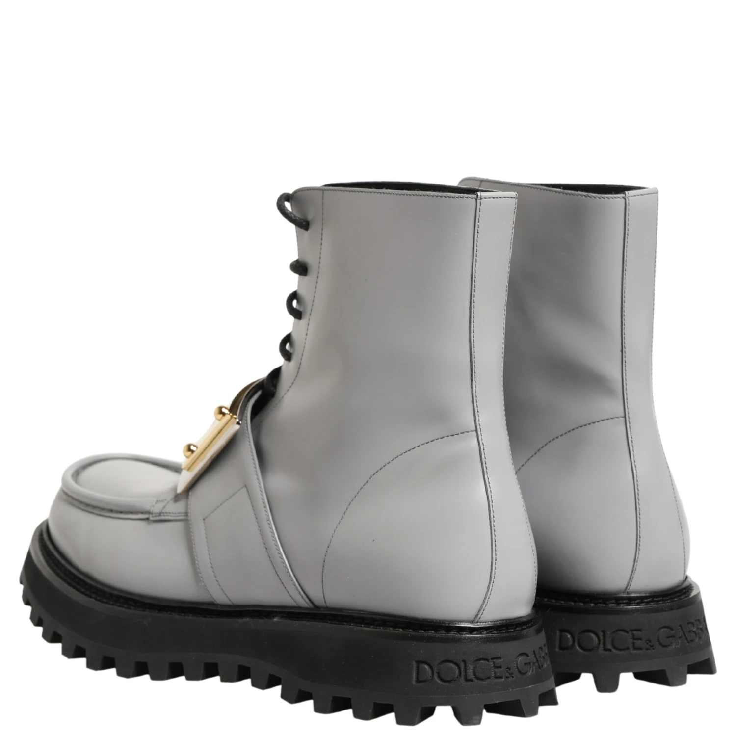 Gray Leather Logo Plaque Ankle Boots Shoes