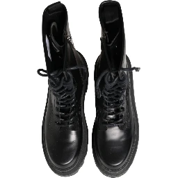 Black Leather Trek Sole Combat Boots Shoes
