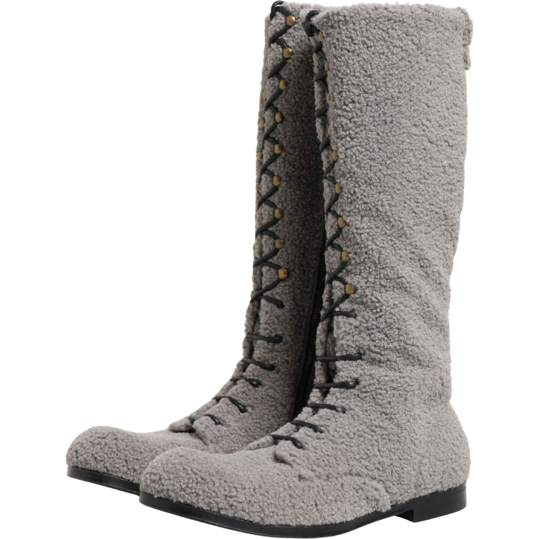 Gray Shearling Lace Up Knee High Boots Shoes