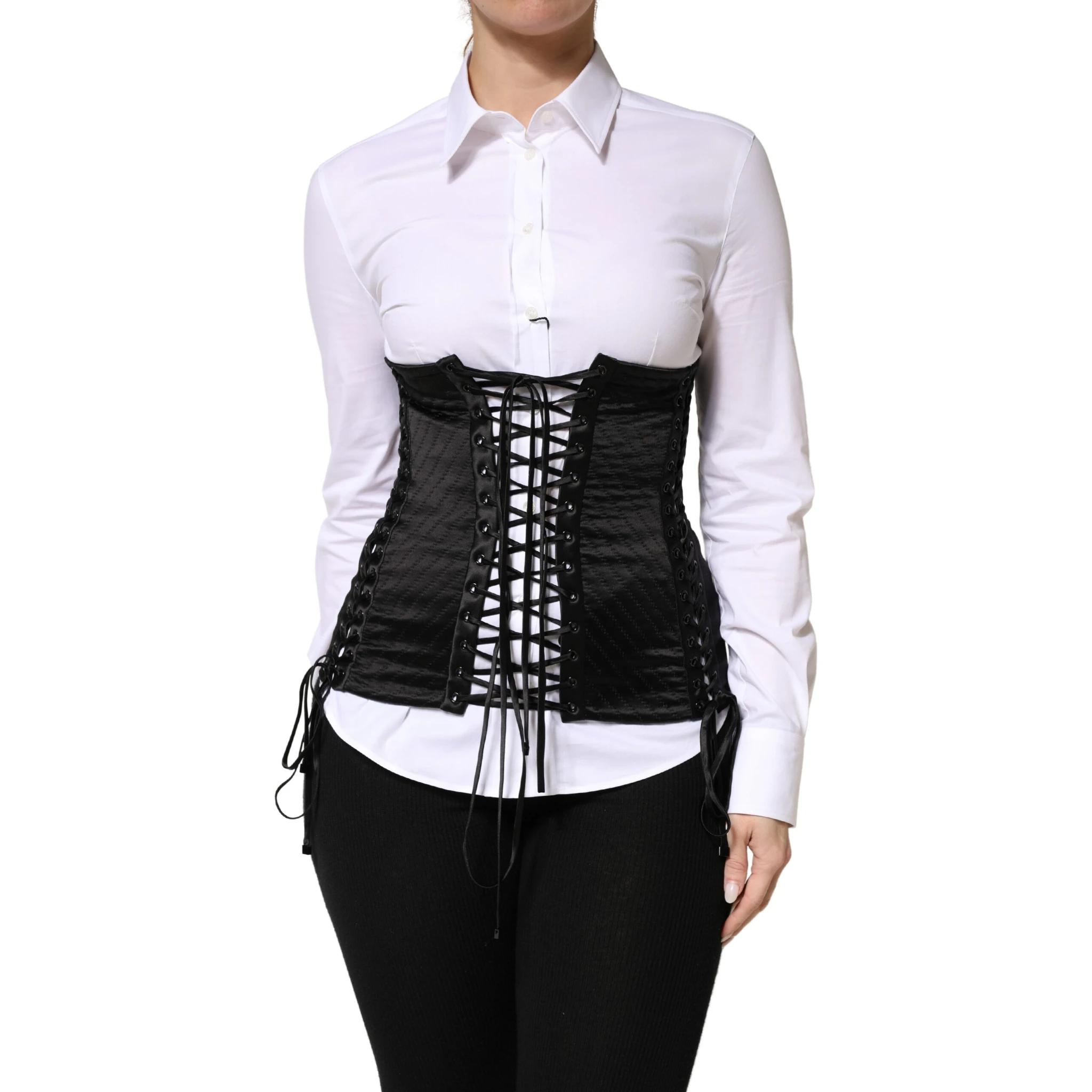 Black Silk Lace-Up Waist Cincher Corset Top