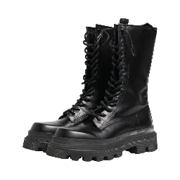 Black Leather Trek Sole Combat Boots Shoes