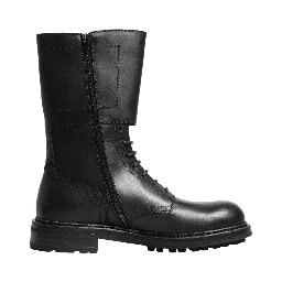Black Leather Belted Buckle Combat Boots Shoes
