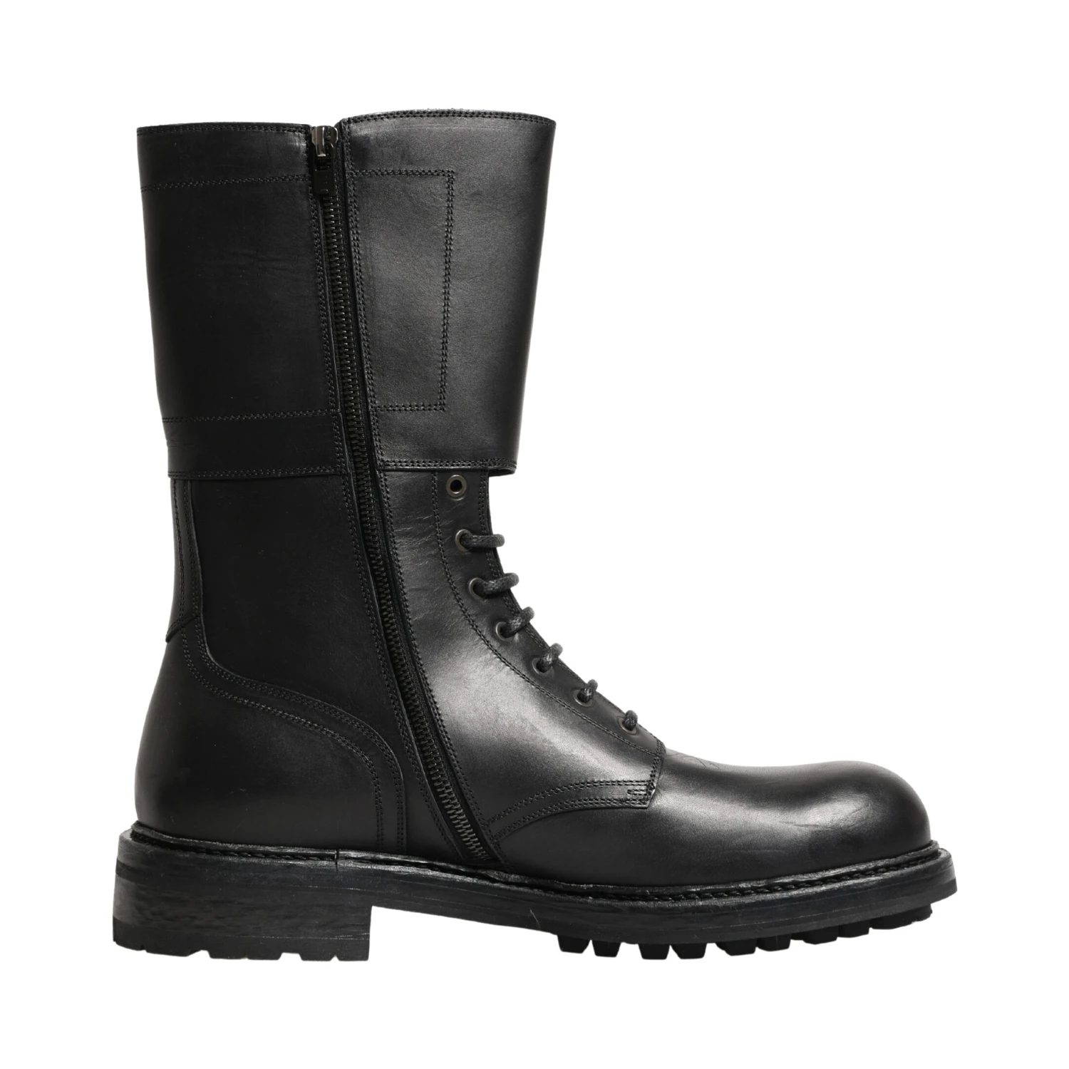 Black Leather Belted Buckle Combat Boots Shoes
