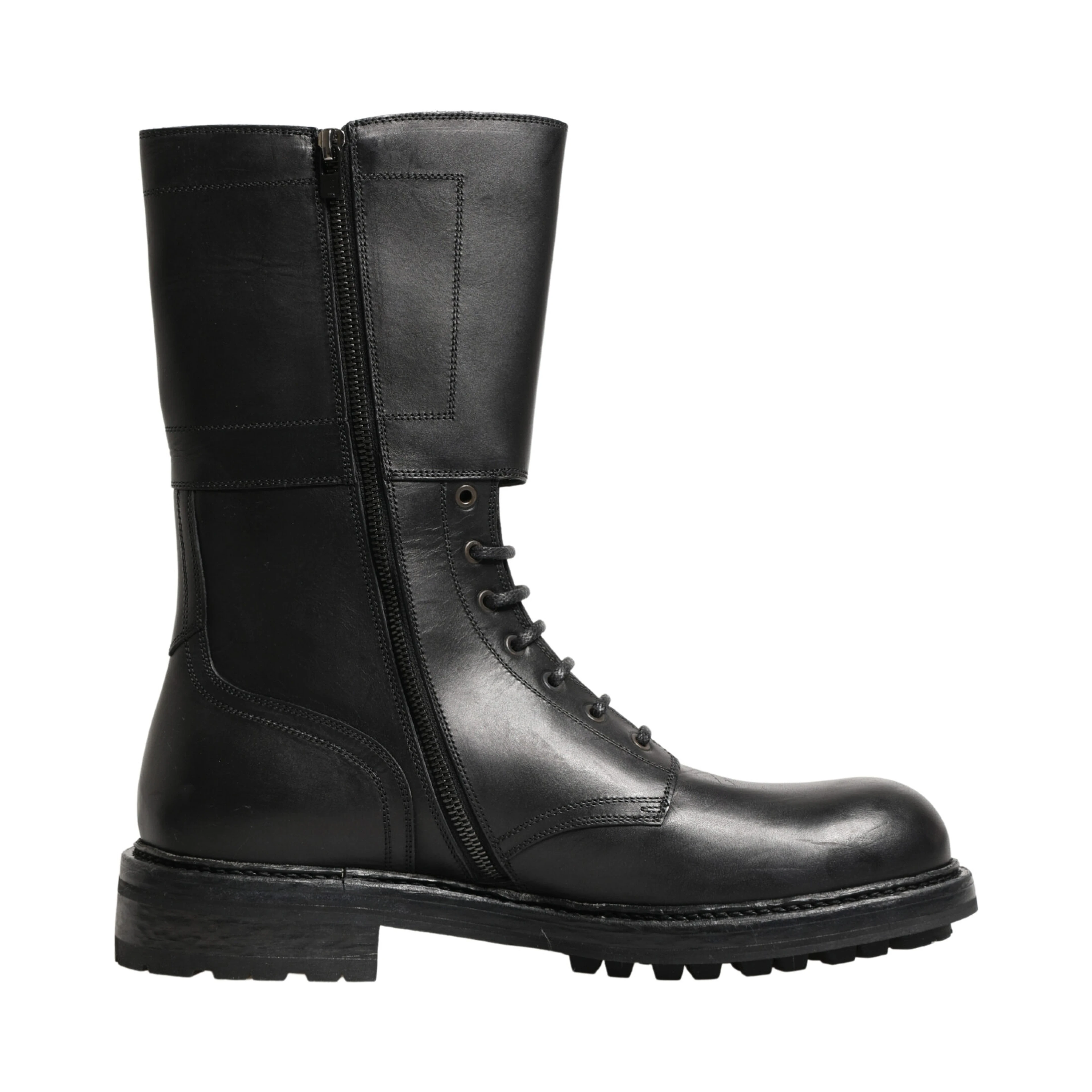 Black Leather Belted Buckle Combat Boots Shoes