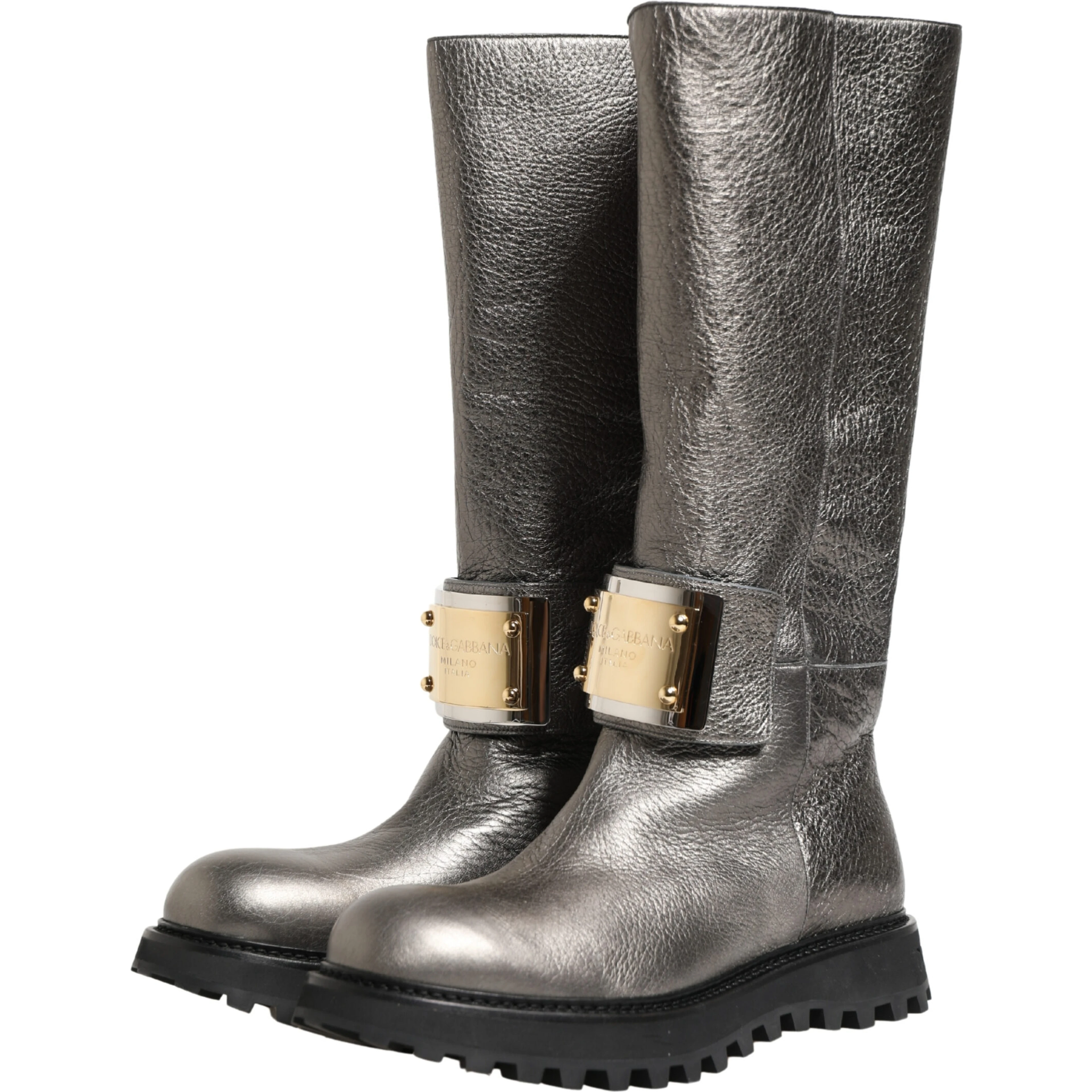 Metallic Silver Leather Mid Calf Boots Shoes