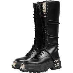 Black Leather Knee High Combat Boots Shoes