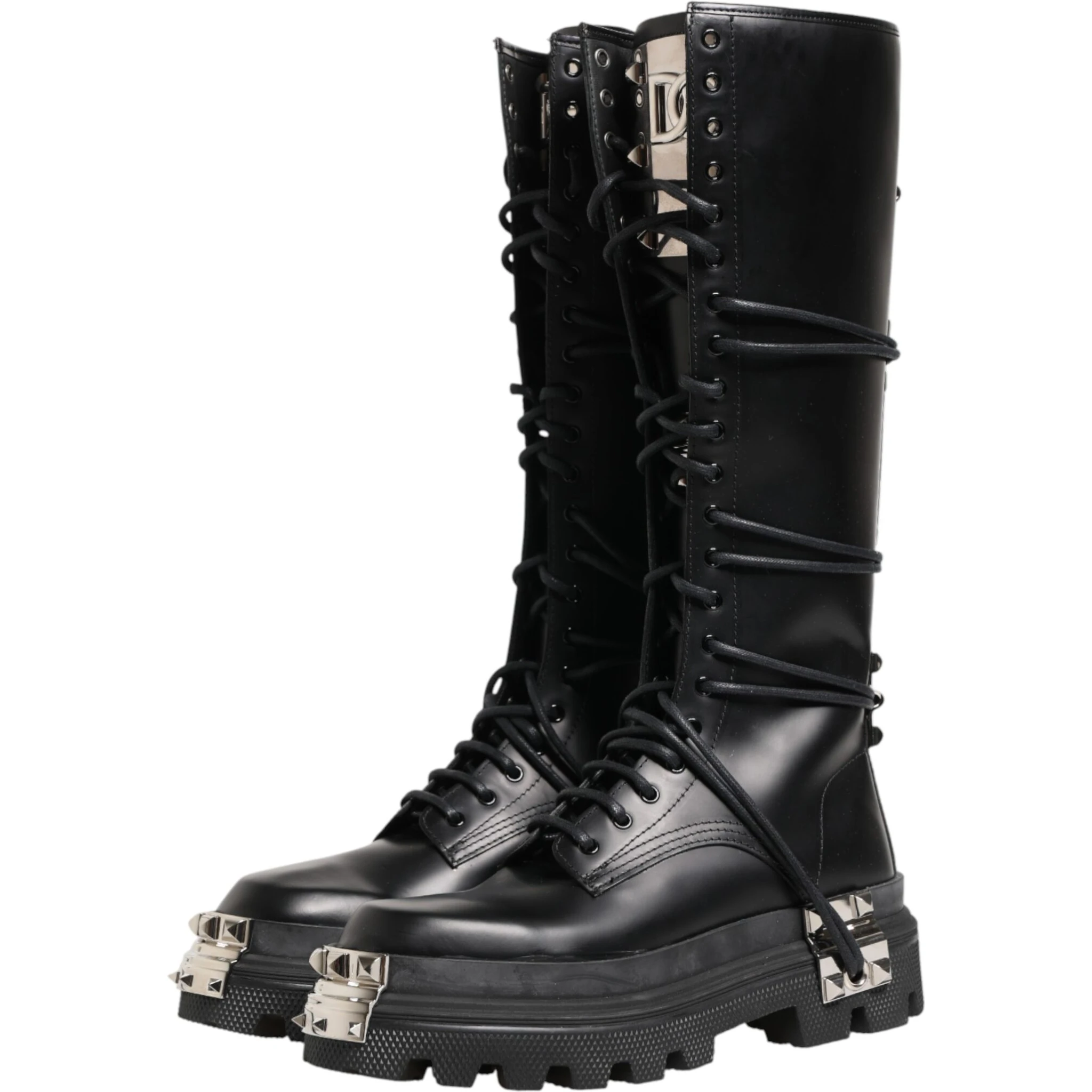 Black Leather Knee High Combat Boots Shoes
