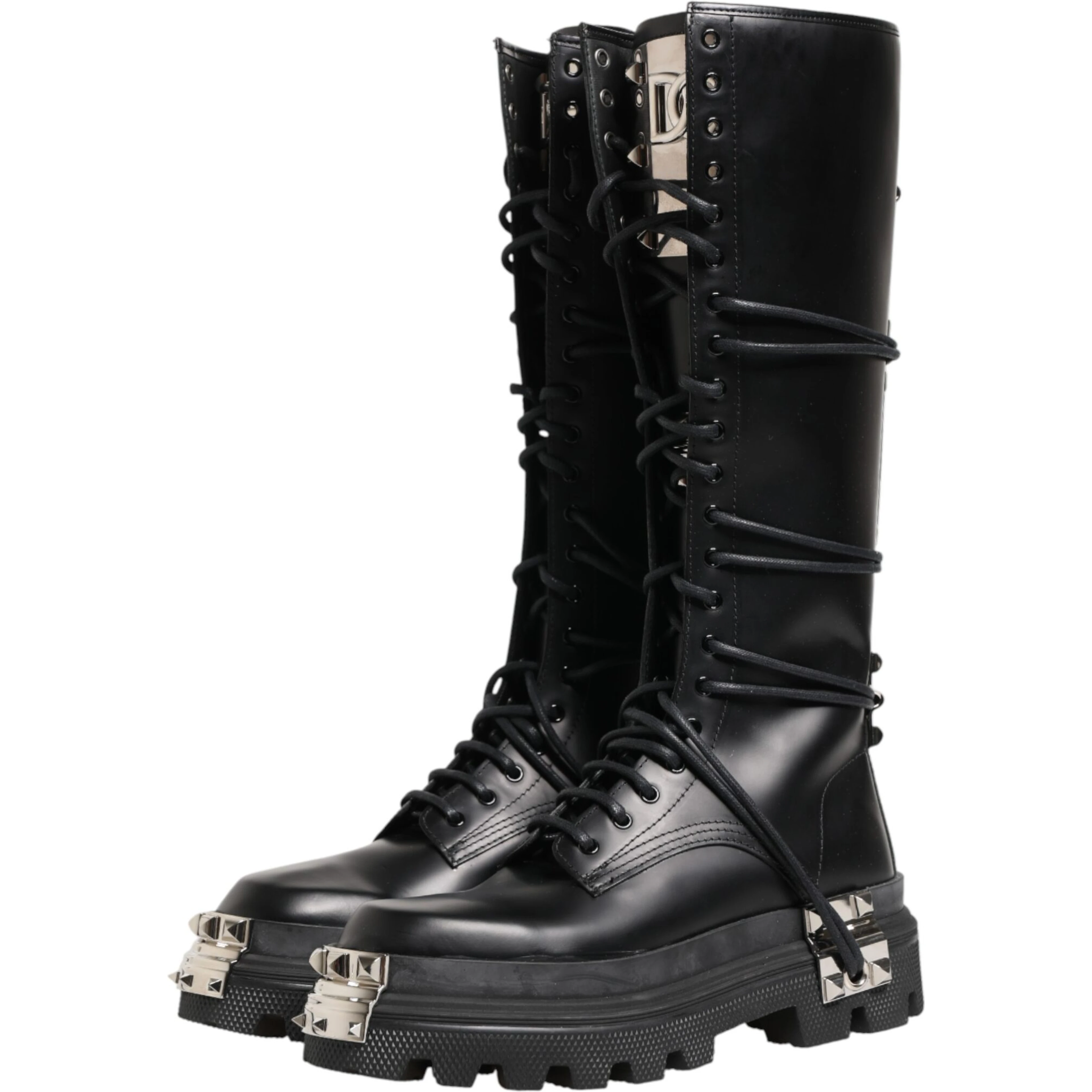 Black Leather Knee High Combat Boots Shoes