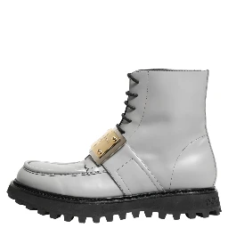 Gray Leather Logo Plaque Ankle Boots Shoes