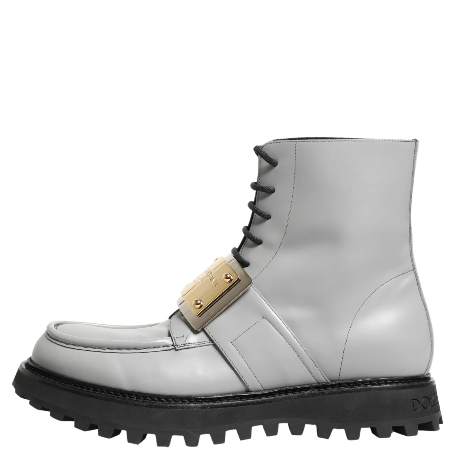 Gray Leather Logo Plaque Ankle Boots Shoes