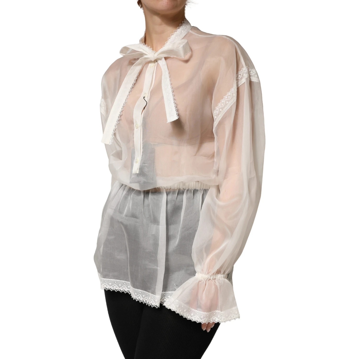 White Sheer Silk Blouse Lace Bow Tie Blouse Top