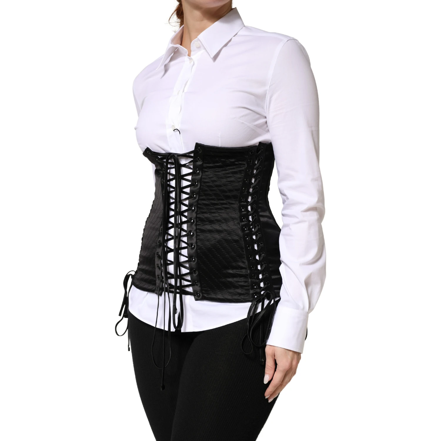 Black Silk Lace-Up Waist Cincher Corset Top