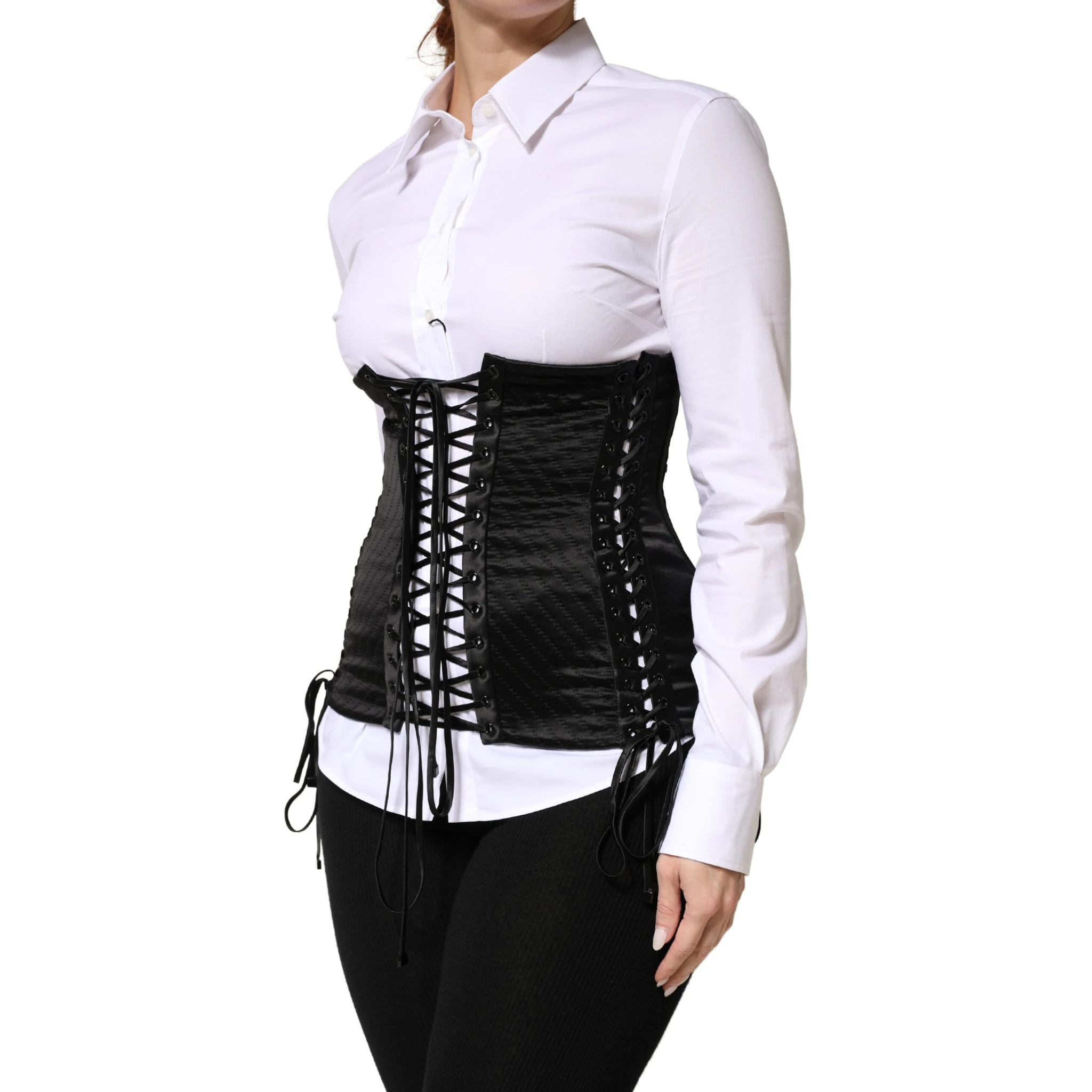 Black Silk Lace-Up Waist Cincher Corset Top