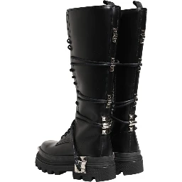 Black Leather Knee High Combat Boots Shoes